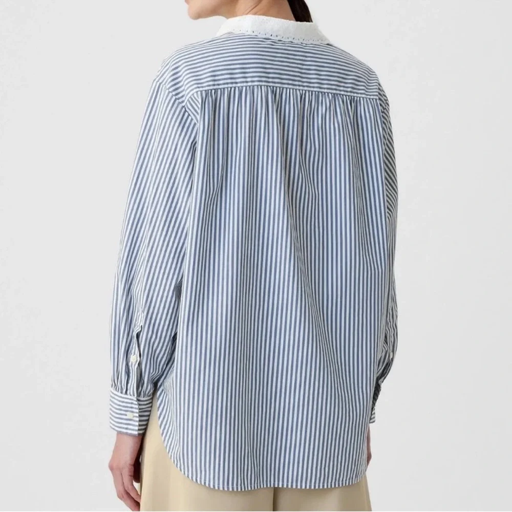 Gap x DÔEN Blue Striped Button Down Shirt with Eyelet Lace Collar - Picture 3 of 10